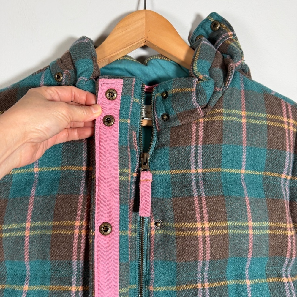 Boden Teal Brown Pink Yellow Plaid Pembroke Hooded Puffer Vest Size 16 - Picture 8 of 16